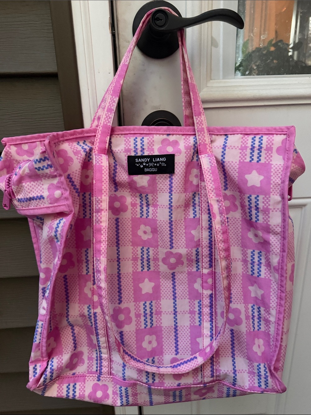Sandy Liang Pink Floral Plaid Tote BAGGU